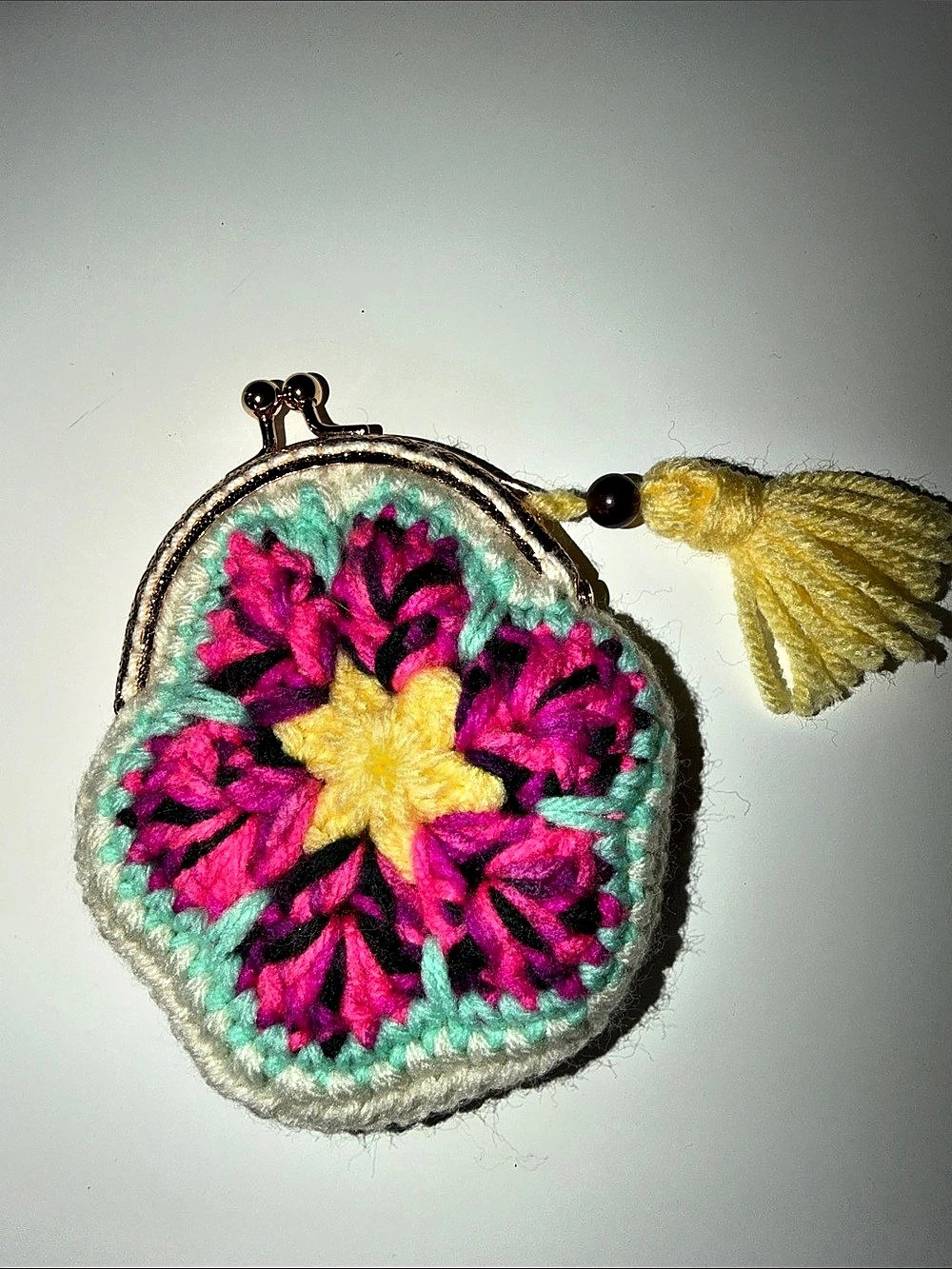 Handmade Floral crocheted Mini Purse in Pink & Green New Coin Purse
